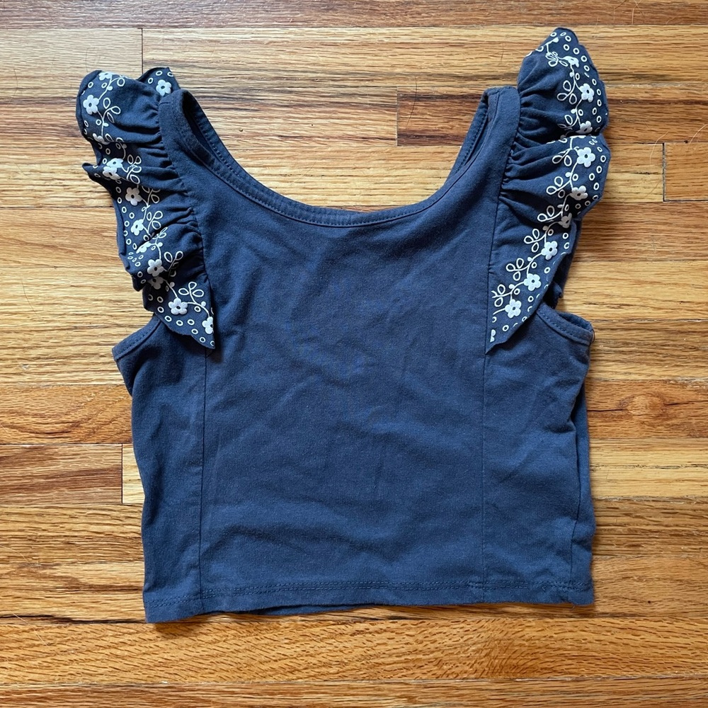 KensieGirl Kids Blue Tank with Ruffle Shoulders and White Floral Detail,Size 7/8
